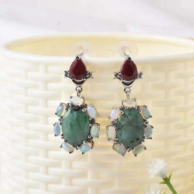 NATURAL EMERALD ,RUBY & OPAL RHODIUM PLATTED 925 SILVER EARRINGS JEWELRY GIFT - Image 1 of 4