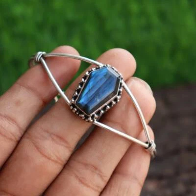 Labradorite Coffin Bangle 925 Silver Handmade Women Cuff Bracelet Jewelry #038 - Image 1 of 3