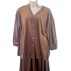 LMF Velvet Co-ord Blouse and Wide Leg Pants Set 2Pcs, One Size, Brown - Picture 1 of 22