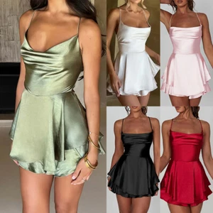 Sexy Damen Satin Trägerkleid Minikleid Rückenfrei Partykleid Sommerkleid A-Linie - Bild 1 von 27