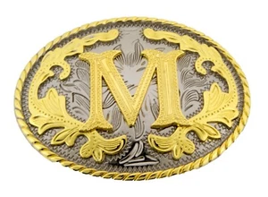 INICIAL m LETRA M HOMBRES MUJERES RODEO ESTILO VAQUERO HEBILLA DE CINTURÓN METAL DORADO - Imagen 1 de 6