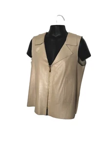 Oscar De La Renta Genuine Leather Vest Beige Gold Zipper Size 10 Made In USA - Picture 1 of 20