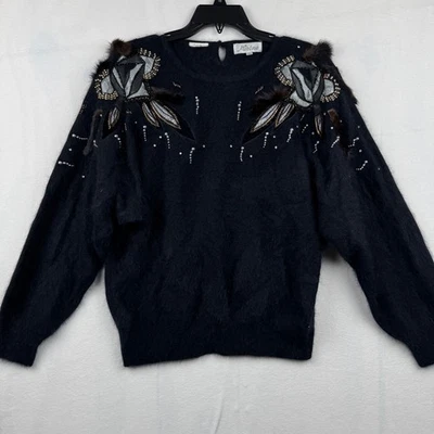 Mirene Black Embellished Sweater S/P Fur Beaded Sequined Vintage Elegant - Image 1 of 4
