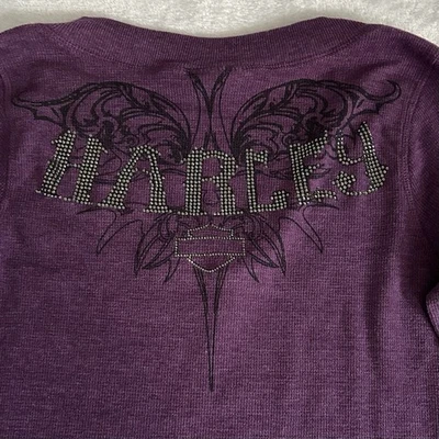Harley Davidson Waffle Top Womens L Purple VNeck Thermal SpellOut Rhinestone USA - Image 1 of 4