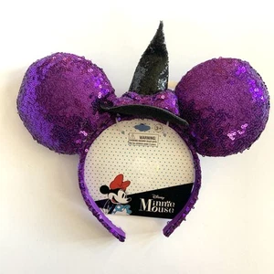 Minnie Mouse Mickey Ears Headband Halloween Witch Purple Sequin Hat Disney New - Picture 1 of 4