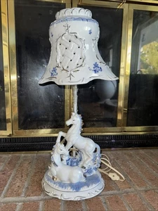 Vintage Ceramic Porcelain Lamp & Shade Unicorns 🦄 Fairytale Whimsical Victorian - Picture 1 of 19
