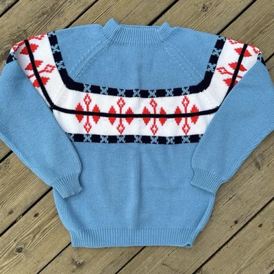 Suéter Esquí Nórdico JCPenny Vintage Años 70 80 Azul Rojo Blanco Acrílico Niños L XS S Foto 1 de 4