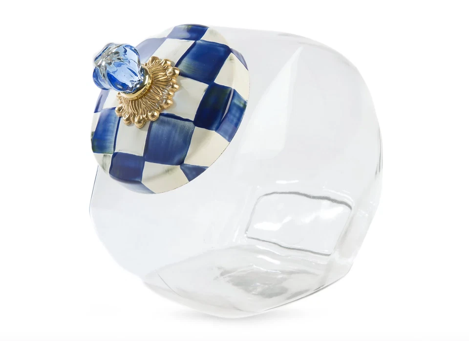 Tarro de galletas con tapa esmaltada, tarro grande de vidrio Royal Check azul y blanco Foto 1 de 3