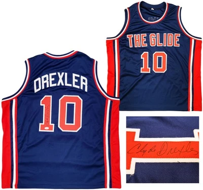 Team USA Clyde Drexler Autographed Signed Blue Jersey The Glide JSA - Image 1 of 4