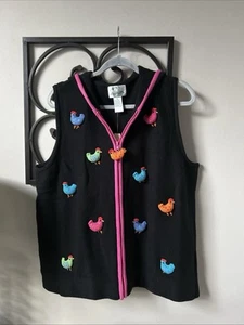 NWT Quacker Factory Size XL Black MULTI 3D Full Zip Rooster Hoodie Knit Vest - Picture 1 of 6