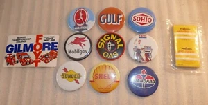 Lot of 9 Oil Gas Button Pin Pins  Sunoco Shell Exxon Mobilegas, Penzoil Stickers - Picture 1 of 12