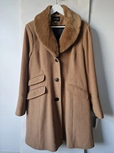 De La Creme Womens Vintage Wool Cashmere Blend Coat UK 18 Brown Faux Fur Collar - Picture 1 of 13
