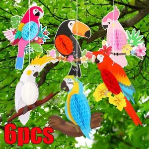 6x Tropical Birds Hanging Parrot Paper Honeycomb Hawaiian Party Bar Wall Decor - Picture 1 of 12