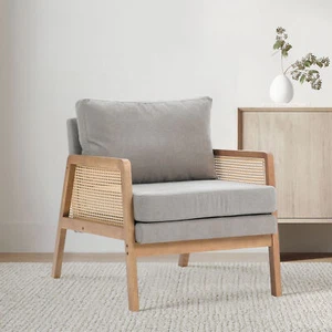 Mid-century Modern Armchair Wooden Frame Vintage Rattan Woven Arm Lounge Chair - Picture 1 of 13