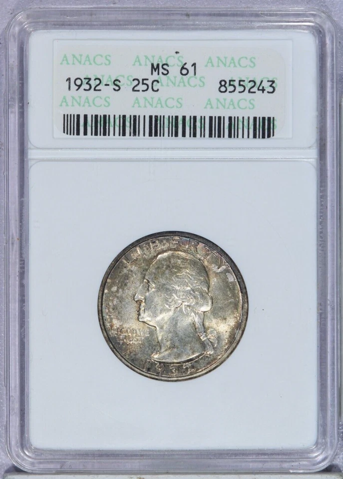 1932-S Washington Quarter 25c ANACS MS61 Old Holder - Handsomely Toned! - Image 1 of 2