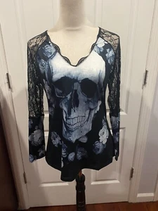 Women V Neck Shirt Long Lace Sleeve Sz M Black Graphic Skull - Picture 1 of 4