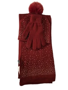 Burgundy  3 Piece Cozy Gloves Hat and Scarf Set One Size - Picture 1 of 4