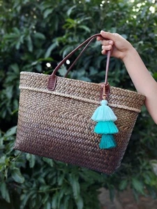 Beach Bag Thai handmade woven Krajood woman handbag 16x10” Natural straw tote - Picture 1 of 13