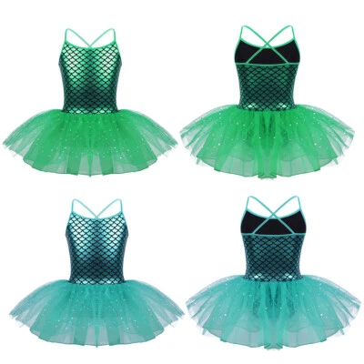 Kids Girls Dance Tutus Dress Shiny Mermaid Leotard Skirts Fish Scales Printed - Image 1 of 3