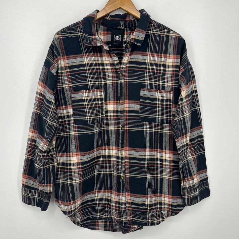 Ripcurl Long Sleeve Button Shirt Men's Size L Navy Blue Plaid Pockets Cotton  - Image 1 of 4