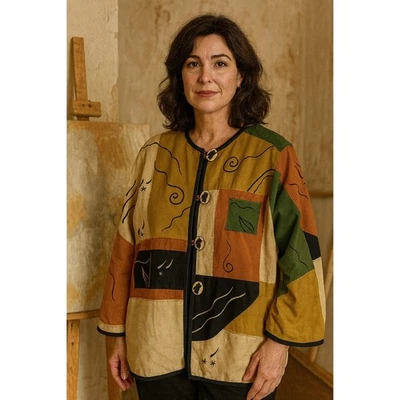 Chaqueta artística vintage Alex Kim para mujer grande impresión mixta arte para usar botones de cuervo Foto 1 de 4