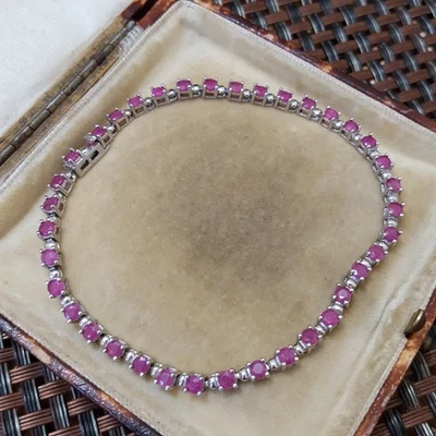 925 Sterling Silver Bracelet, Natural Ruby Tennis Bracelet, 7.8" Long, Delicate  - Image 1 of 4