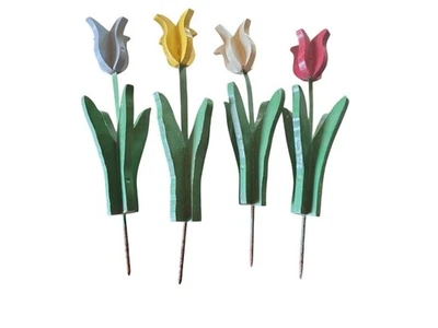 Handmade Wooden Garden Tulips With Metal Stems & Stakes - Four Colorful Flowers - Image 1 of 4