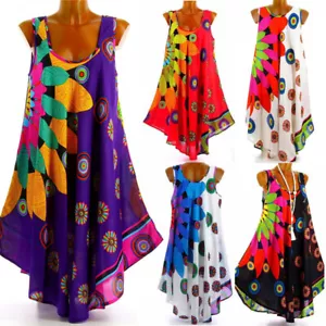 Women Boho Sleeveless Loose Dress Print Tunic Tank Top Beach Sundress Plus Size - Picture 1 of 52