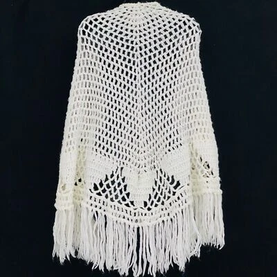 Vintage 1960s white shawl wrap fringe acrylic knit boho wedding hearts pattern - Image 1 of 3