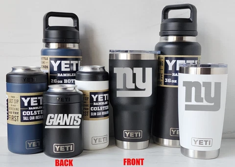 New York Giants YETI Laser Engraved Tumblers, Can Colsters and Bottles, 2-sided Cover