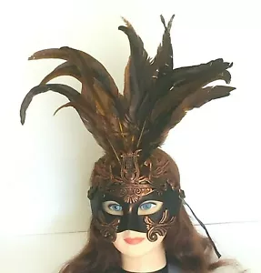 Masquerade Mardi Gras Events & party mask Hand Painted with Crown Feathers - Picture 1 of 5