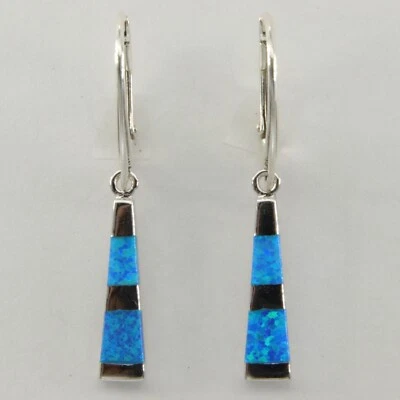 FIRE OPAL Blue Dangle Earrings 925 STERLING SILVER Rhodium Leverback #22e - Image 1 of 3