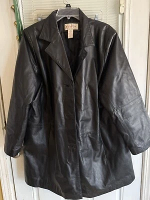 Venezia 100% Leather Jacket Coat Blk Mid-Lngth Trench Button Pockets Women Sz 20 - Image 1 of 4