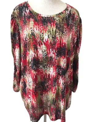 Top de punto Erin London talla XL 3/4 manga verde rojo patrón elástico Foto 1 de 4