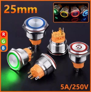25mm Metall Rund Drucktaster Druckschalter Rastend Tastend LED 5A IP65 1NO1NC - Picture 1 of 18