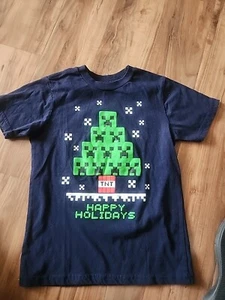 Boys Navy Christmas Minecraft Short Sleeve T-Shirt Size SM Mojang B17 - Picture 1 of 6