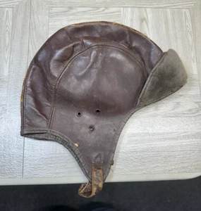 Antique Brown Leather Motorcycle Riding Cap Hat Boys Small Vintage Fur Biking - Picture 1 of 16