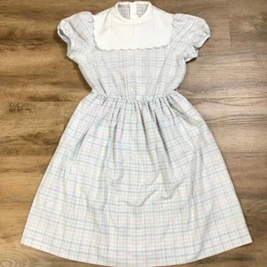 Vestito Vintage Bambina Taglia 12 Bavaglino Petto Manica Corta Plaid Primavera Pasqua Pastello Multi - Foto 1 di 12