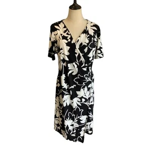 jane lamerton wrap around dress Size 14 midi black floral short sleeve Business - Picture 1 of 11