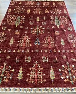 New Handmade Pakistani Rug, Charming Trees & Animals,Burgundy & Jewel Tones, 6x8 - Picture 1 of 12