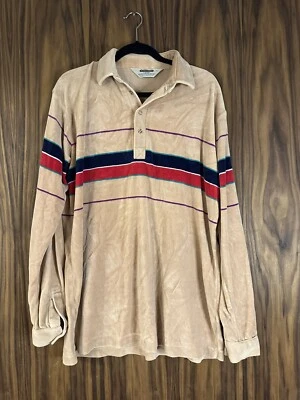 VTG 60s Shelter Bay- Striped Velour Shirt Beige With Colored Stripes Size L Tall - Image 1 of 4