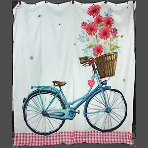 Fabric Shower Curtain Blue Bicycle Bike w Flower Basket Hearts Country Checkered - Picture 1 of 5