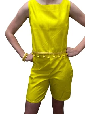 S~M Vtg 60s 2 Pc Shorts Set MOD Crop Top Yellow Pom Pom Play Suit Romper Outfit - Image 1 of 4