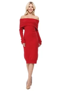 Yemak schulterfreies Damen-Langarmkleid schmale Passform Midi-Strickkleid MK6022 - Bild 1 von 11