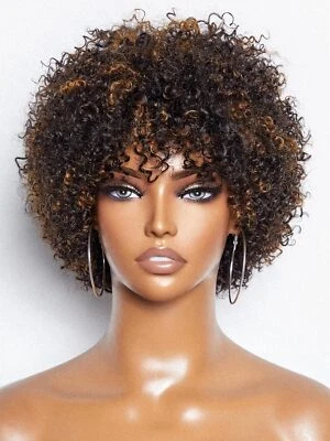 Peluca Corte Pixie Cabello Humano Peluca Corta Rizada Con Flequillo, Destacados Rubios Sin Pegamento  Foto 1 de 4