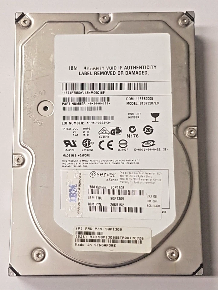 73.4 GB IBM 90P1305 FRU: 90P1309 ST373207LC 10K U320 SCSI 80Pin 3.5" Hard Drive - Image 1 of 1