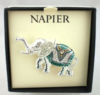 Napier Elephant Crystal Enamel Brooch Pin Trunk Up Silver Tone NEW w Gift Box - Image 1 of 2