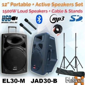 E-Lektron 2 X 12" inch 1500W Portable+Active Speaker Microphone PA System Stands - Picture 1 of 14
