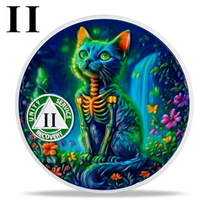 2 Year Sobriety Coin Glow Cat & Tree of Life AA Chips And Medallions Sober Gifts - Picture 1 of 18