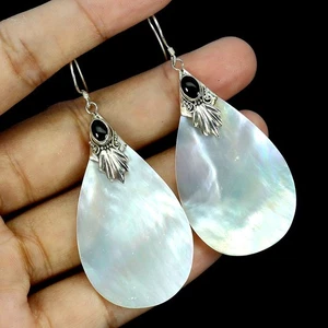 925 Sterling Silver Earrings Mother Of Pearl Handmade Natural Enamel Jewelry - Picture 1 of 14
